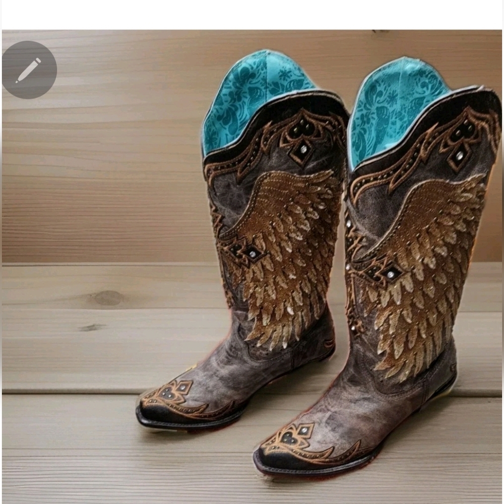 Corral Brown Ld Tobacco Wings & Cross Overlay & Embroidered Boots Size 7 - Picture 2 of 8